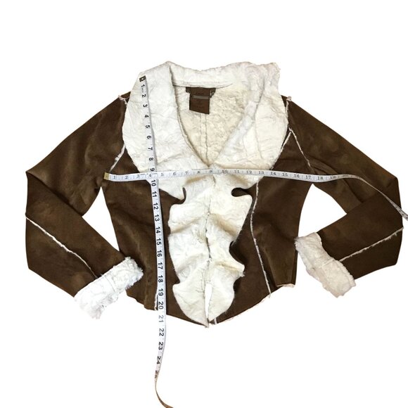 Jou Jou Faux Shearling Jacket Brown S Cream Open Front Moto Style Soft Lined - Picture 8 of 10